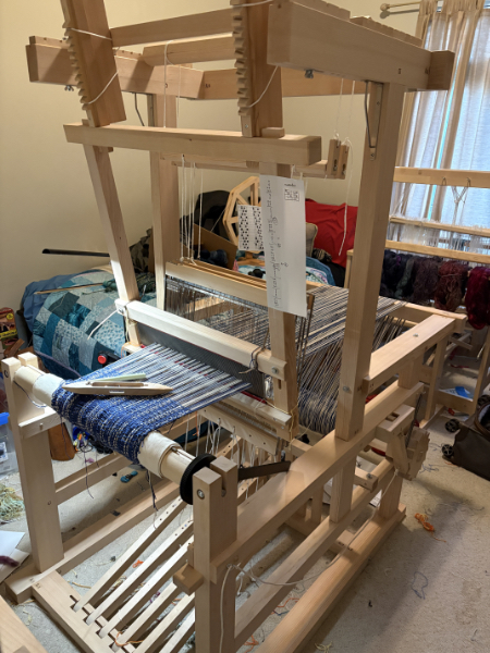 floor loom with handweaving WIP